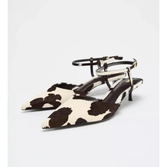 ZARA FUR TRIMMED LEATHER SLINGBACK KITTEN HEELS - Picture 2 of 5